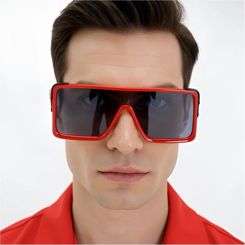 Mens Oversized Square Shield Sunglasses Red Flat Top Bold Fashion Shades Hip Hop